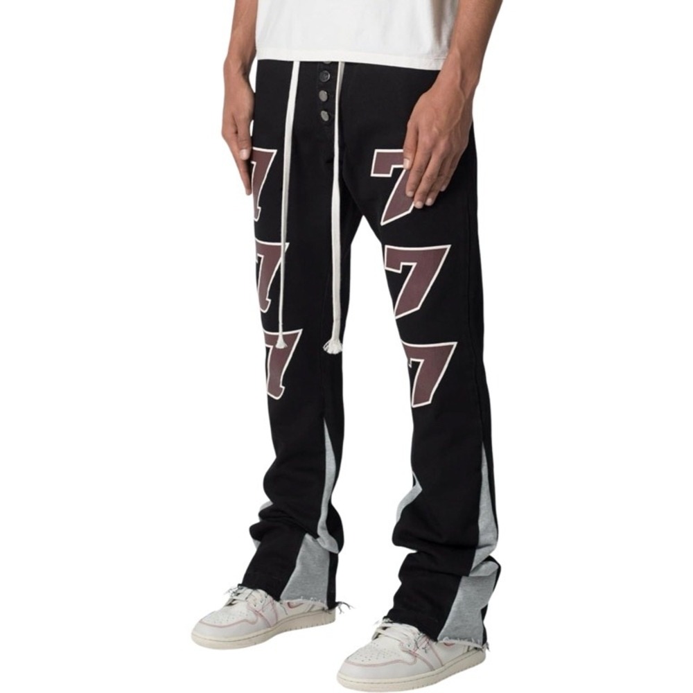 MNML NEW‎ 31 B589 Flare Fleece Contrast Denim Black 777 Graphic Streetwear Jeans